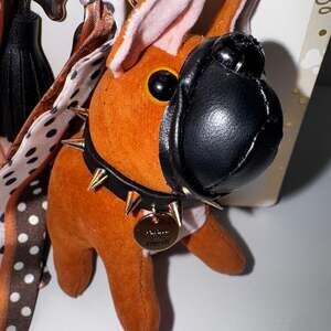 Piper K. Brown French Bulldog Leather Bag Charm Keychain with Polka Dot Scarf
